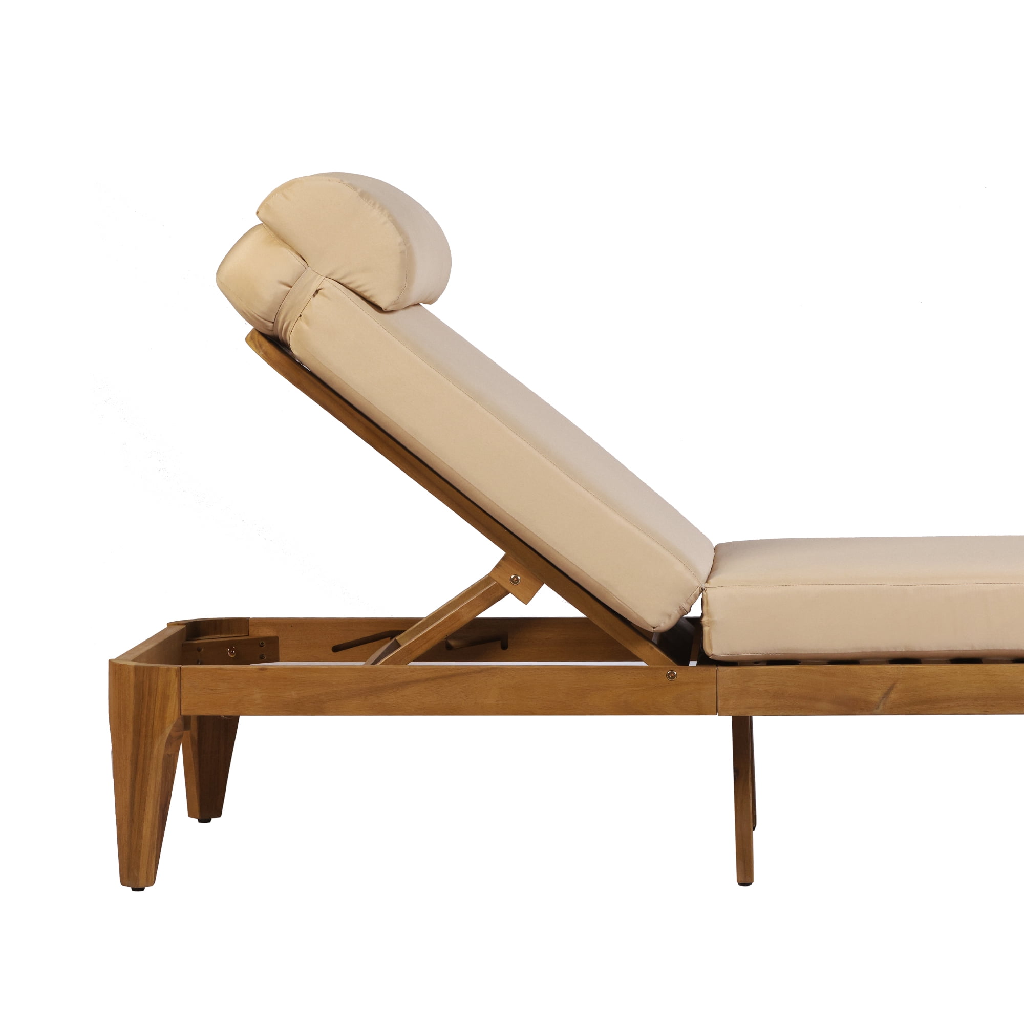 Mintazer Outdoor Chaise Lounge Chair with Removable Cushion & Head Pillow, Patio Recliner with 4 Gear Adjustable Recliner & Anti-Slip Feet for Poolside Backyard, Natural & Brown