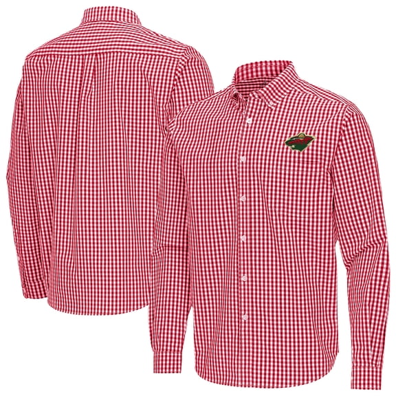 Men's Antigua Red Minnesota Wild Ellis Tri-Blend Long Sleeve Button-Down Shirt