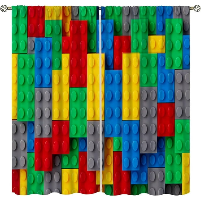 ICMOLYYENLO Kids Building Blocks Toy Curtains for Kids Room W42 x L45 Inch Rod Pocket Contour Plastic Colorful Toy Bricks Geometric Print Pattern Curtains for Boys Girls Bedroom 2 Panels