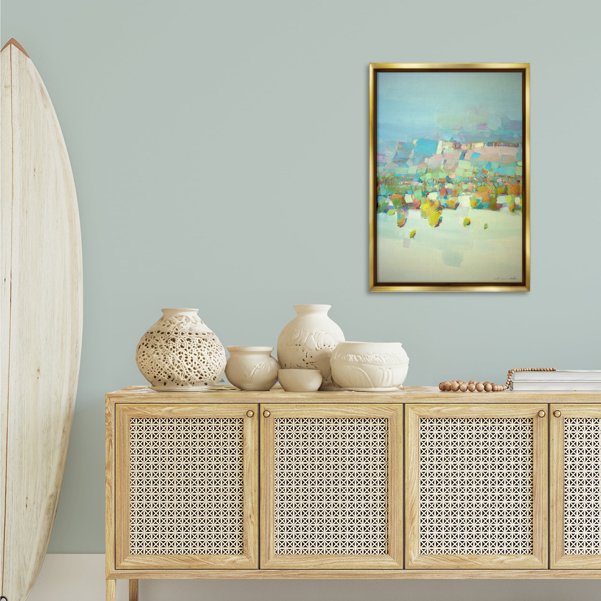 Stupell Industries Contemporary Beach Landscape Abstract Painting Gold Floater Framed Canvas Art Print Wall Art, 21 x 31
