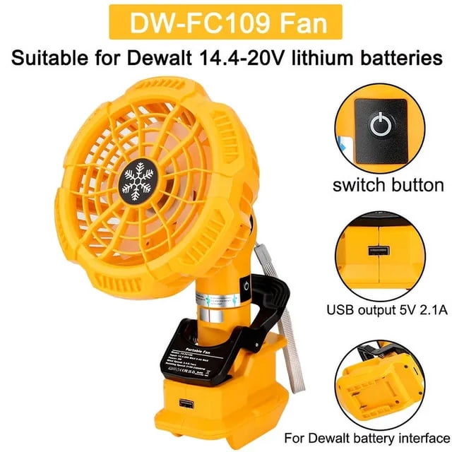 Para Makita Milwaukee Bosch Dewalt Ryobi Black & Decker Craftsman Ventilador de Batería Li-ion de 18V con Clip USB para Hogar Exterior Taller Ventilador Recargable Viento Potente