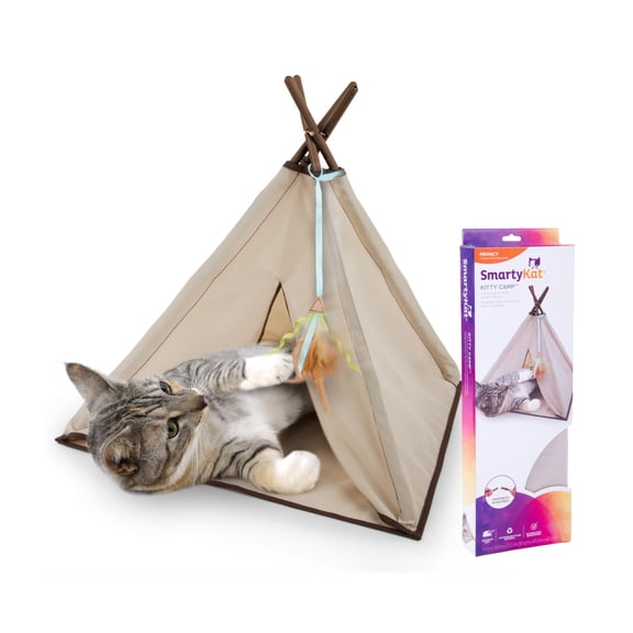 SmartyKat Kitty Camp Crinkle Cat Tent Hideaway with Detachable Dangling Feather Cat Toy