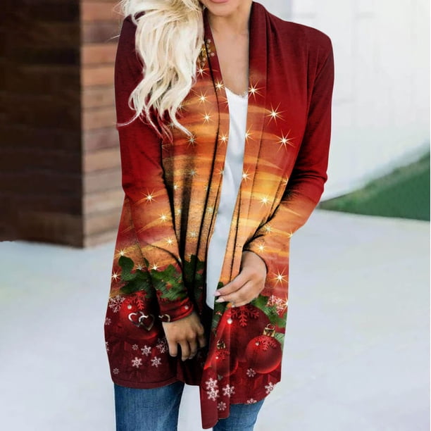 Cárdigan de manga larga suelto de otoño e invierno para mujer, abrigo con estampado navideño Fridja po3851