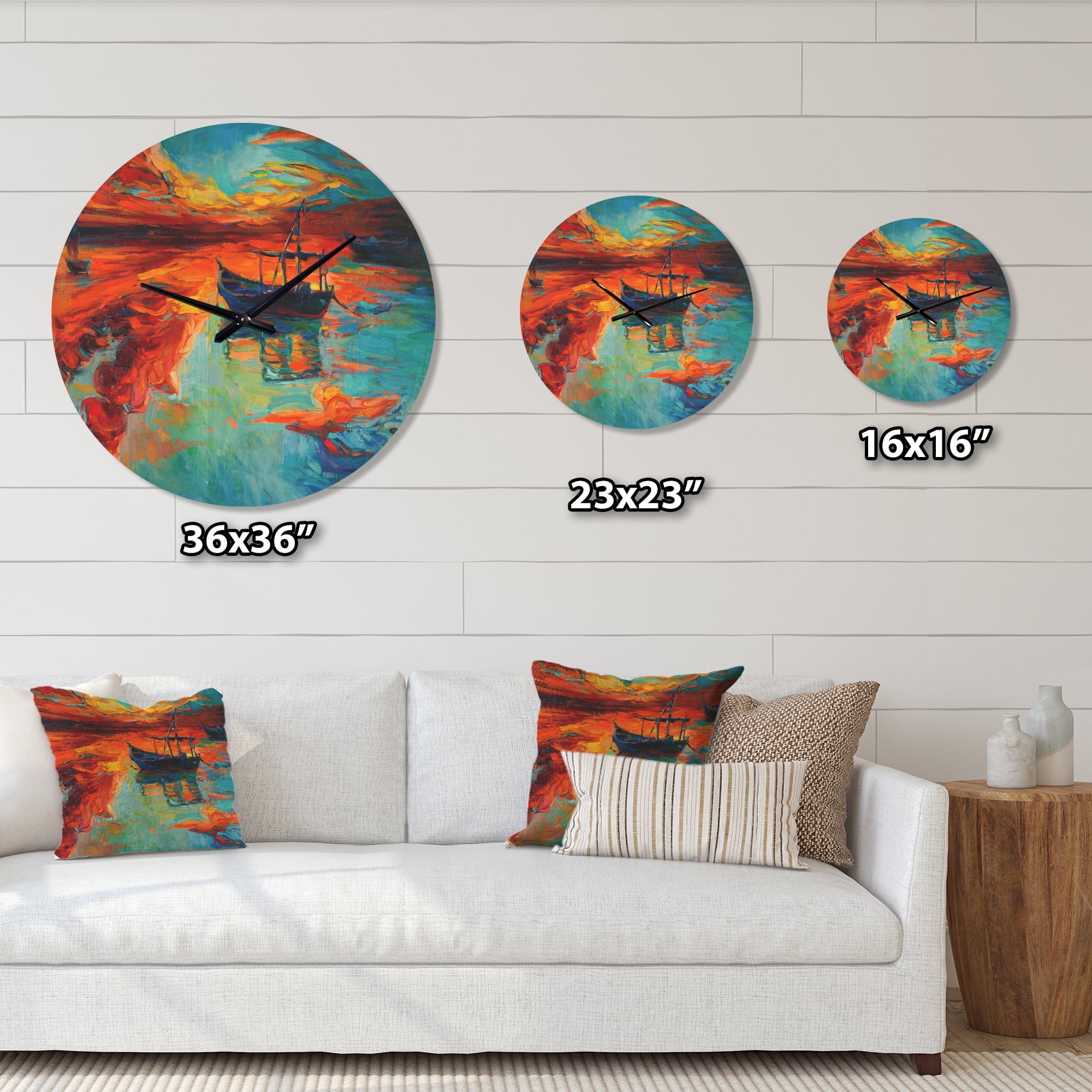 Designart 'Fishing Sailing Boat at Red Sunset Glow' Modern Wood Wall Clock