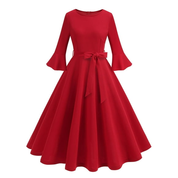 cfhntfmh Cocktail Dresses for Women Elegant Bell Long Sleeve Fall Dress Christmas Belted Crewneck Party Evening Dress
