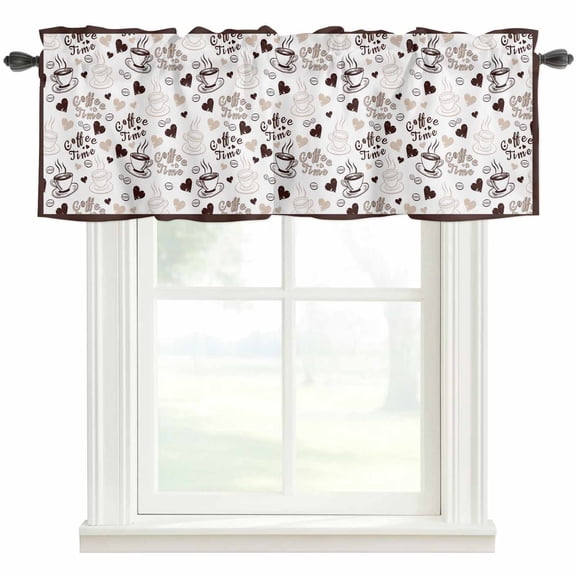 Farmhouse Coffee Cup Rod Pocket Curtain Valance, Vintage Coffee Beans Love Heart Farmhouse Window Valance for Living Room, Bedroom, Kitchen 42"W x 12"L