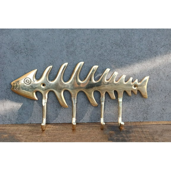 Brass Metal Golden Fishbone Fish Bone Marine Coastal 4 Peg Wall Hooks Plaque