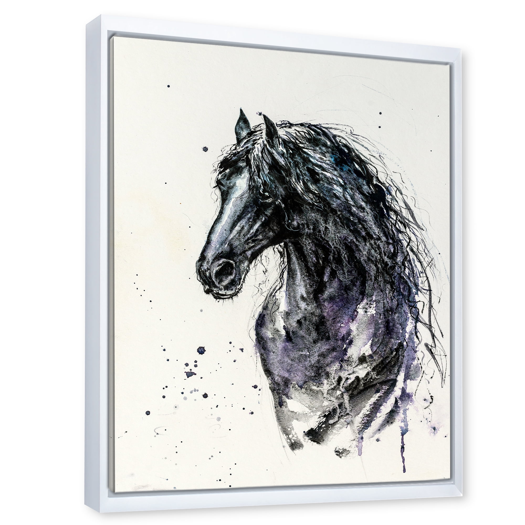 Designart 'Close Up of Friesian Horse With Long Manes' Farmhouse Framed Canvas Wall Art Print