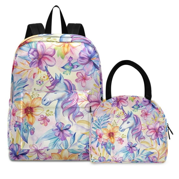 ALAZA Backpack Set Unicorn in Flowers Elementary School Bags Student BookBag with Lunch Bag