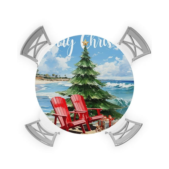 nqOlkjepod Coastal Christmas Round Tablecloth, Fitted Table Cover with Elastic for 45"-54" Round Tables, Xmas Tree Nautical Beach Shell Table Cloth Outdoor Dinning Party Waterproof Tablecloths