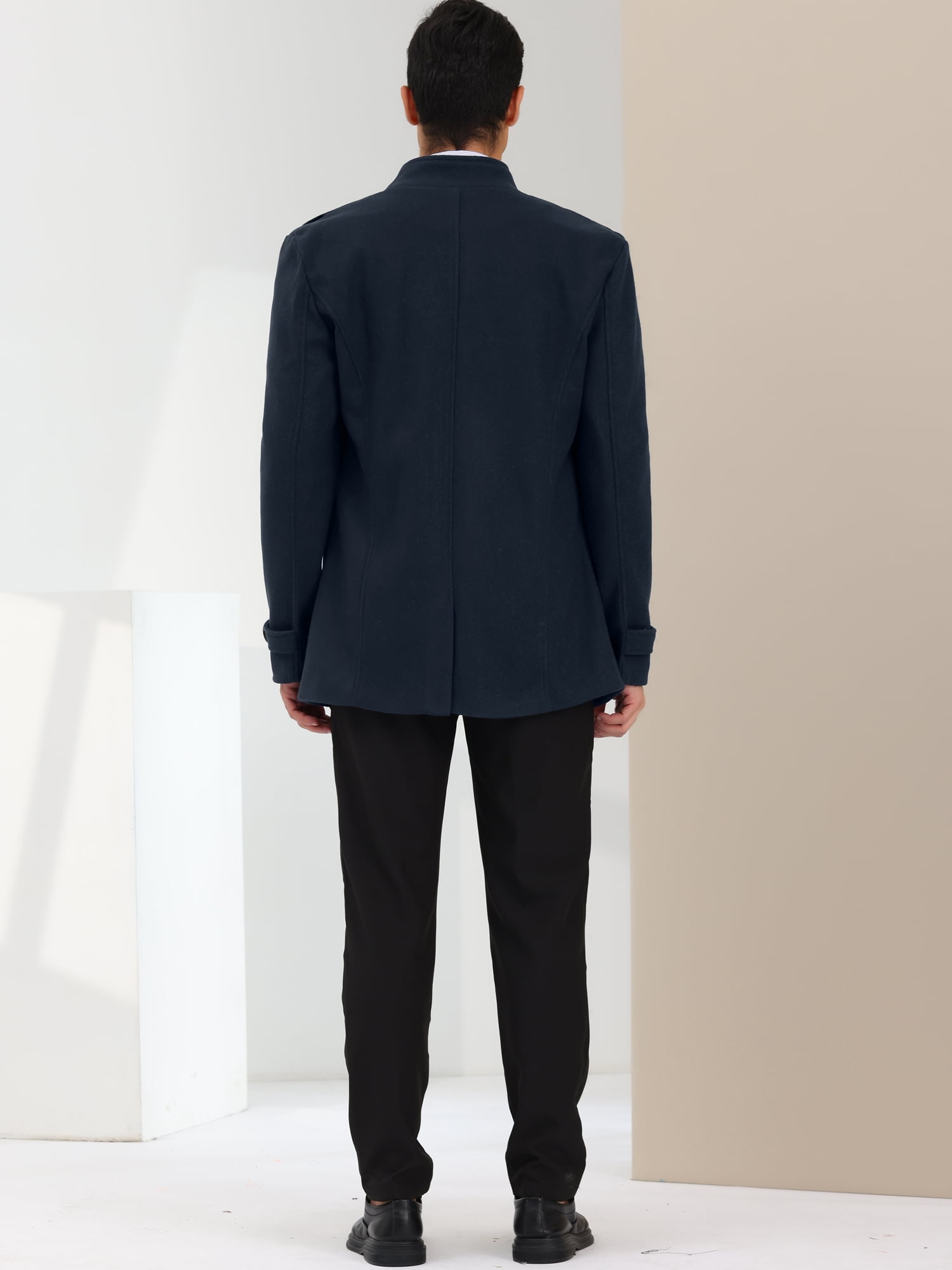 Unique Bargains Men's Winter Coat Stand Collar Double Breasted Pea Coats M Navy Blue