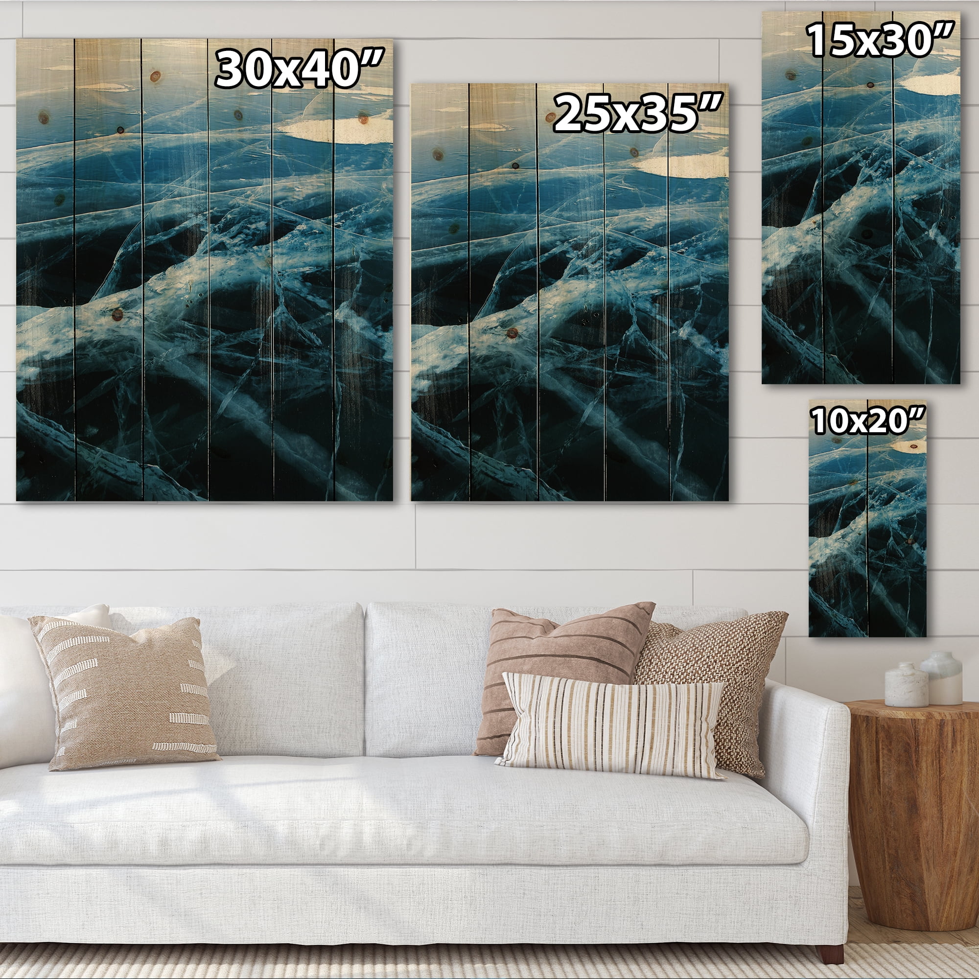 Designart 'White and Blue Ice Structure II' Modern Print on Natural Pine Wood