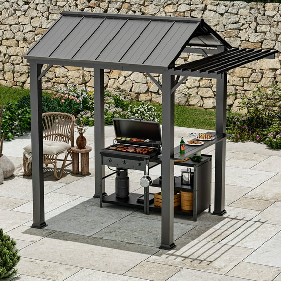 Modern Shade 6'x8' Grill Gazebo, Galvanized Steel Roof, Pergola Extension, UV Blocking, Waterproof, Rust-Resistant with Shelves