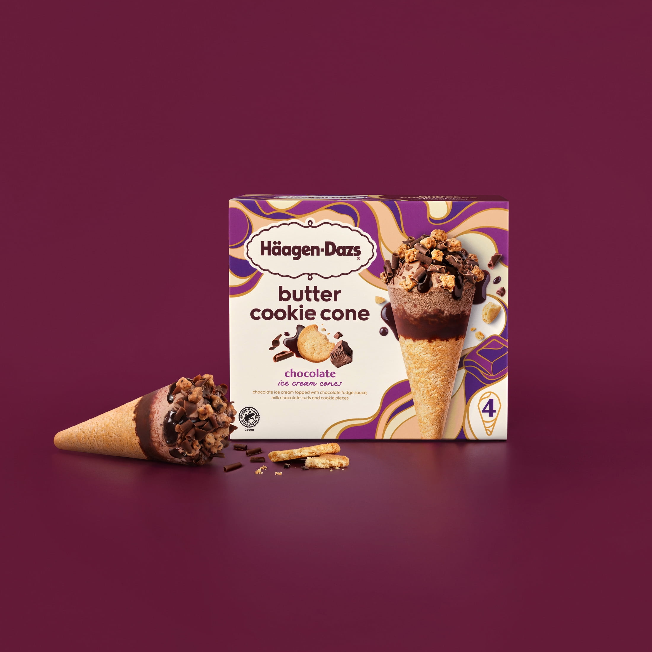 Haagen Dazs Chocolate Butter Cookie Ice Cream Cone Dessert, 4 Count Package