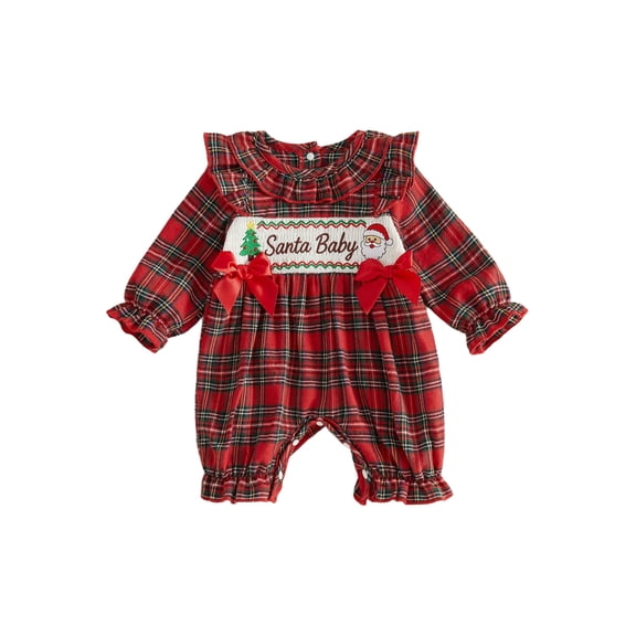 Cjfdfy Newborn Baby Girl Christmas Outfit My First Christmas Romper Collar Plaid Long Sleeve Letter Santa Claus Embroidery Bodysuit Infant Cute Christmas Fall Winter Bodysuit