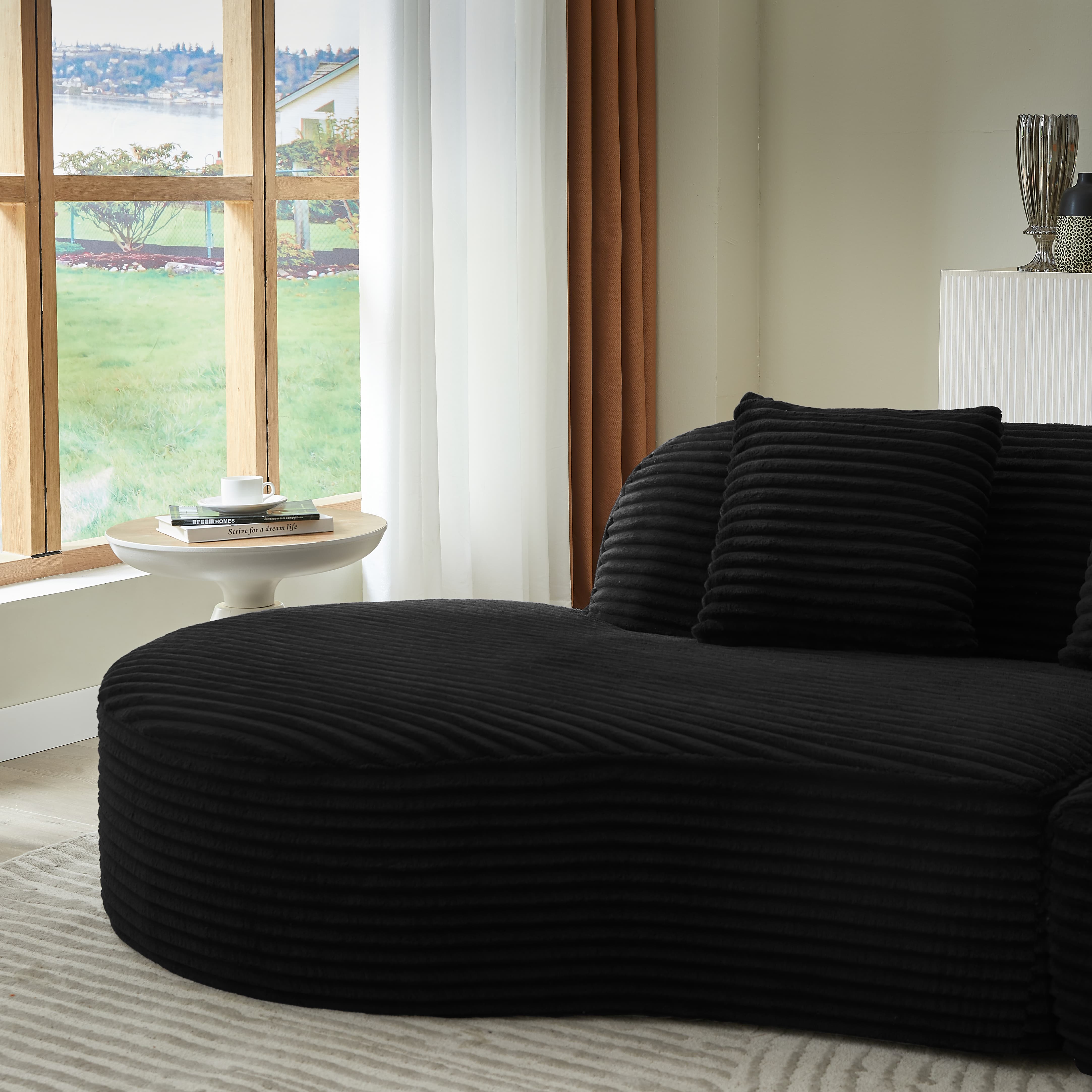 MAYEERTY Compressible Corduroy Curved Sectional Sofa with Scatter Cushions, Oversized for Living Room, 123*53*26"Black