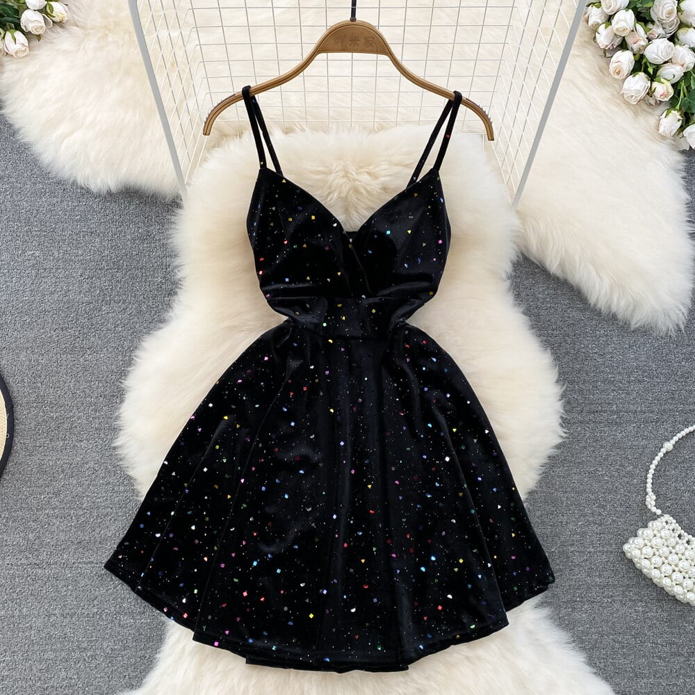 Robe trapeze en velours noir vintage pour femmes mini robe sexy col en V bretelles spaghetti taille haute dos nu robe de soiree nouveau 2023 Walmart