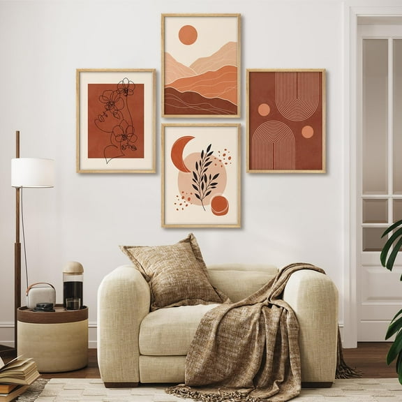 PixonSign Framed Wall Art Red Toned Geometric and Botanical Posters, Set of 4 Minimalist Modern Abstract Shape Illustrations Wall Decor, Adhesive Canvas Prints for Home Decor - 8"x10" Natural