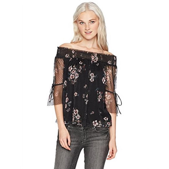A. Byer Women's Shirred Off The Shoulder Printed Mesh Top, pat b, M