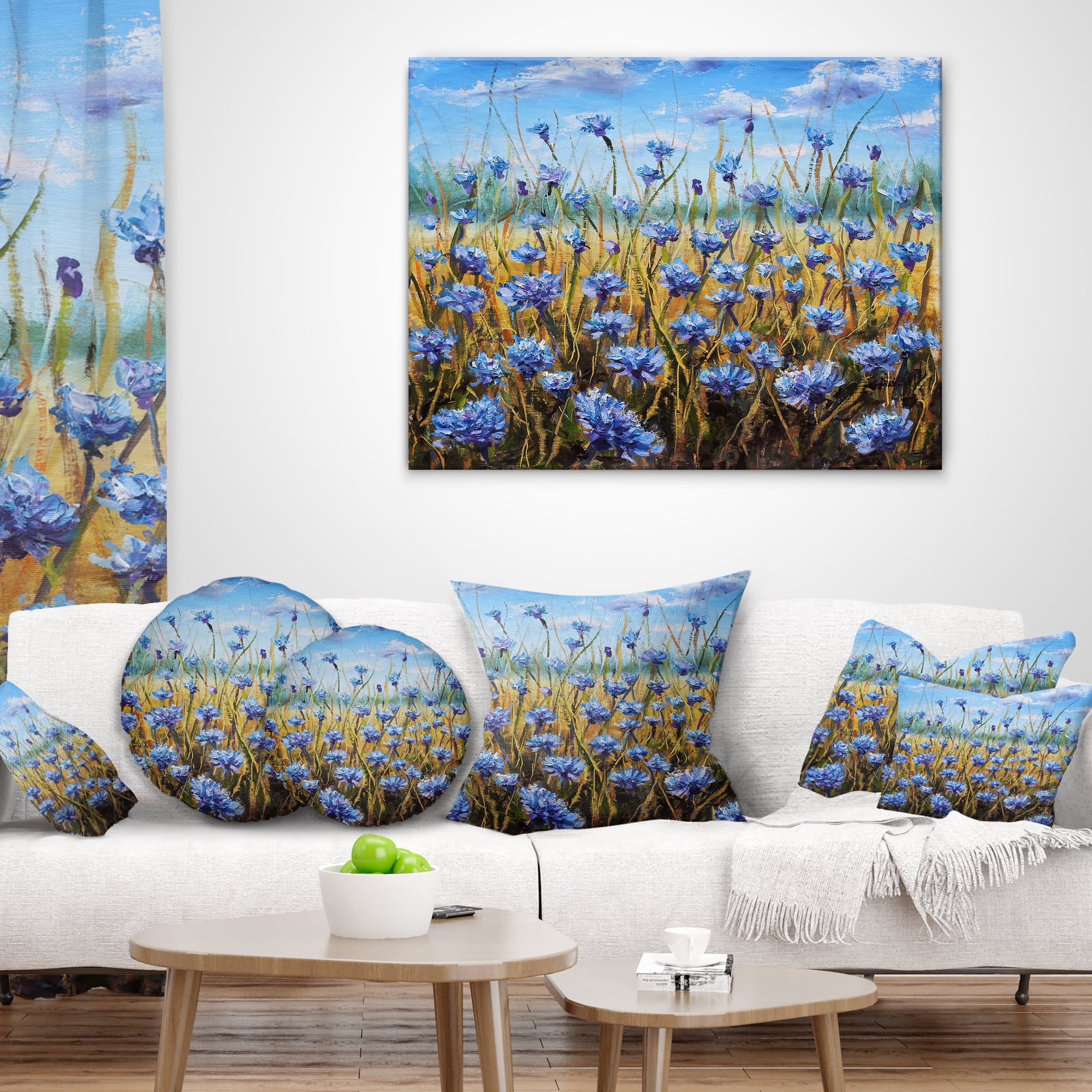 Designart Blue Flowers in Meadow Painting - Floral Painting Throw Pillow - 12x20