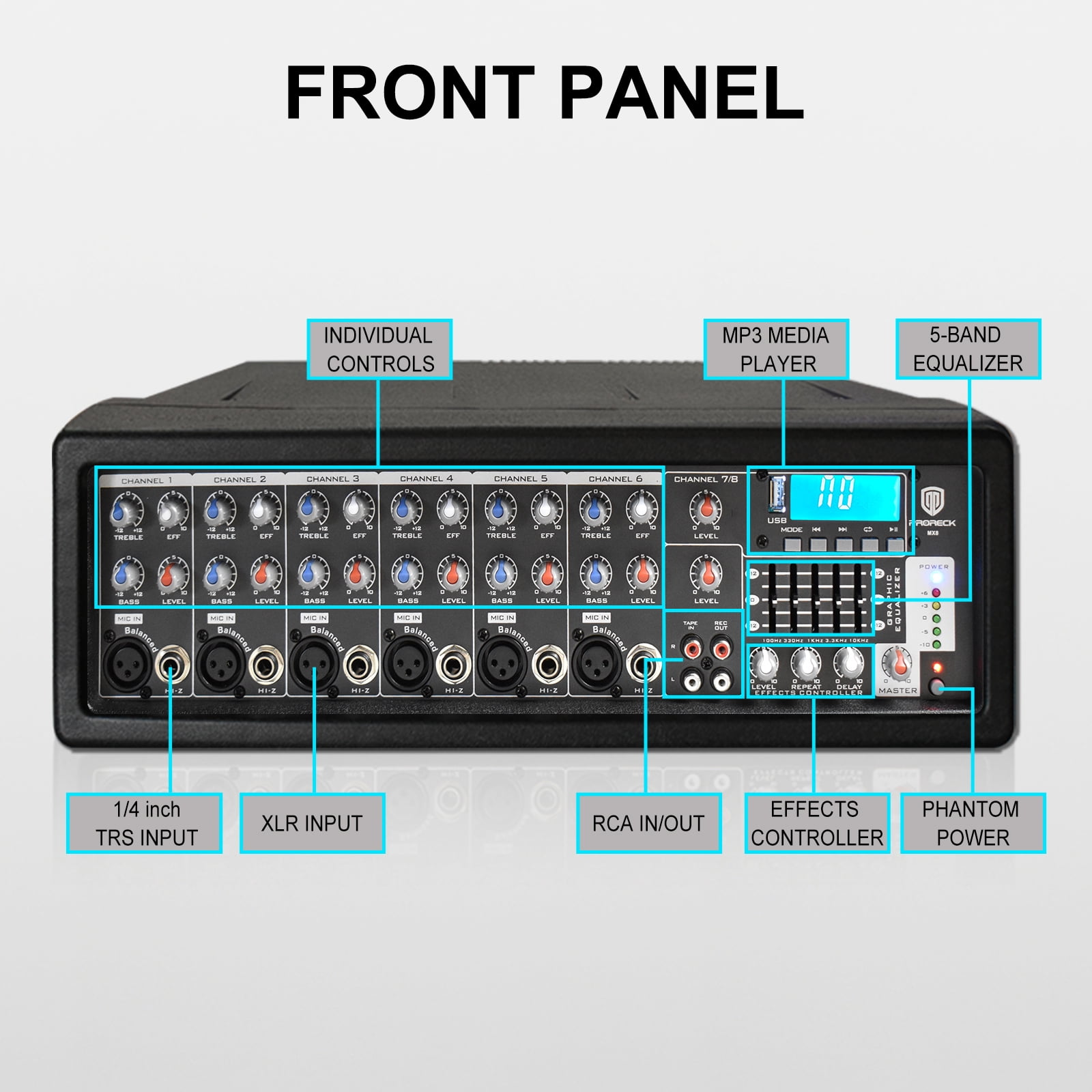 PRORECK MX8 - Beginner's DJ Controller Set with Built-In Amplifier, 8 Channels Mixer Microphone