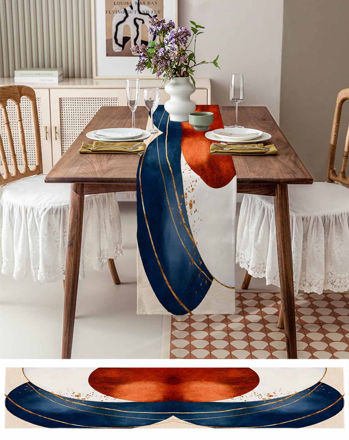 Navy Blue Burnt Orange Table Runner Modern Boho Art Geometric Tablerunners 16 x 72 Inch, Table Decorations Tabletop Scarf for Summer Gathering Holiday Farmhouse Kitchen Dining Decor