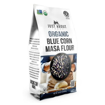 Just About Foods USDA Organic Blue Corn Flour 1lb, Flour for Tortillas, Sopes, and Mexican Dishes, Gluten-Free, Kosher and Vegan, Masa Flour for Baking