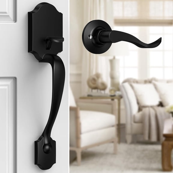Klamerit Black Front Door Handle No Lock, Classic Exterior Door Handle, Entry Door Handle Reversible for Left & Right Hand Doors