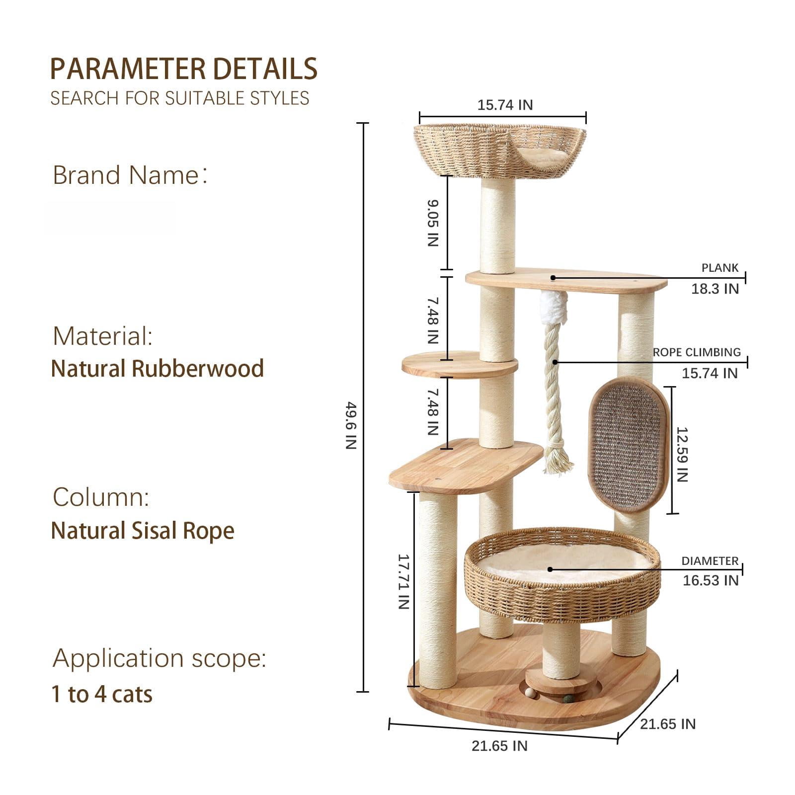 Wooden Cat Tree For Large  49.6in Tall Tower With Indoor Cats Multi-level Condo Hand-woven Bed And Board Easy To Clean