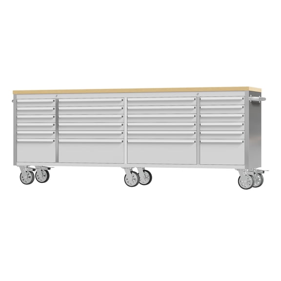96 Inch Rolling Tool Chest with 24 Drawers, Mobile Storage Cabinet Organizer, Rubber Wood Workbench Top with Lockable Wheels & Key Lock for Garage