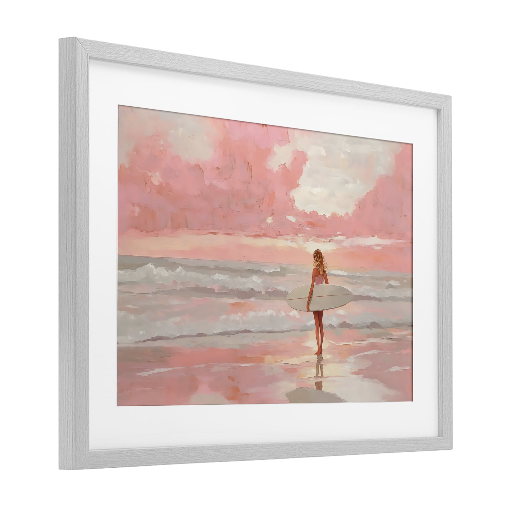 Pink Sky Surfer Gray Framed Print Under Glass, design by LSR Design Studio