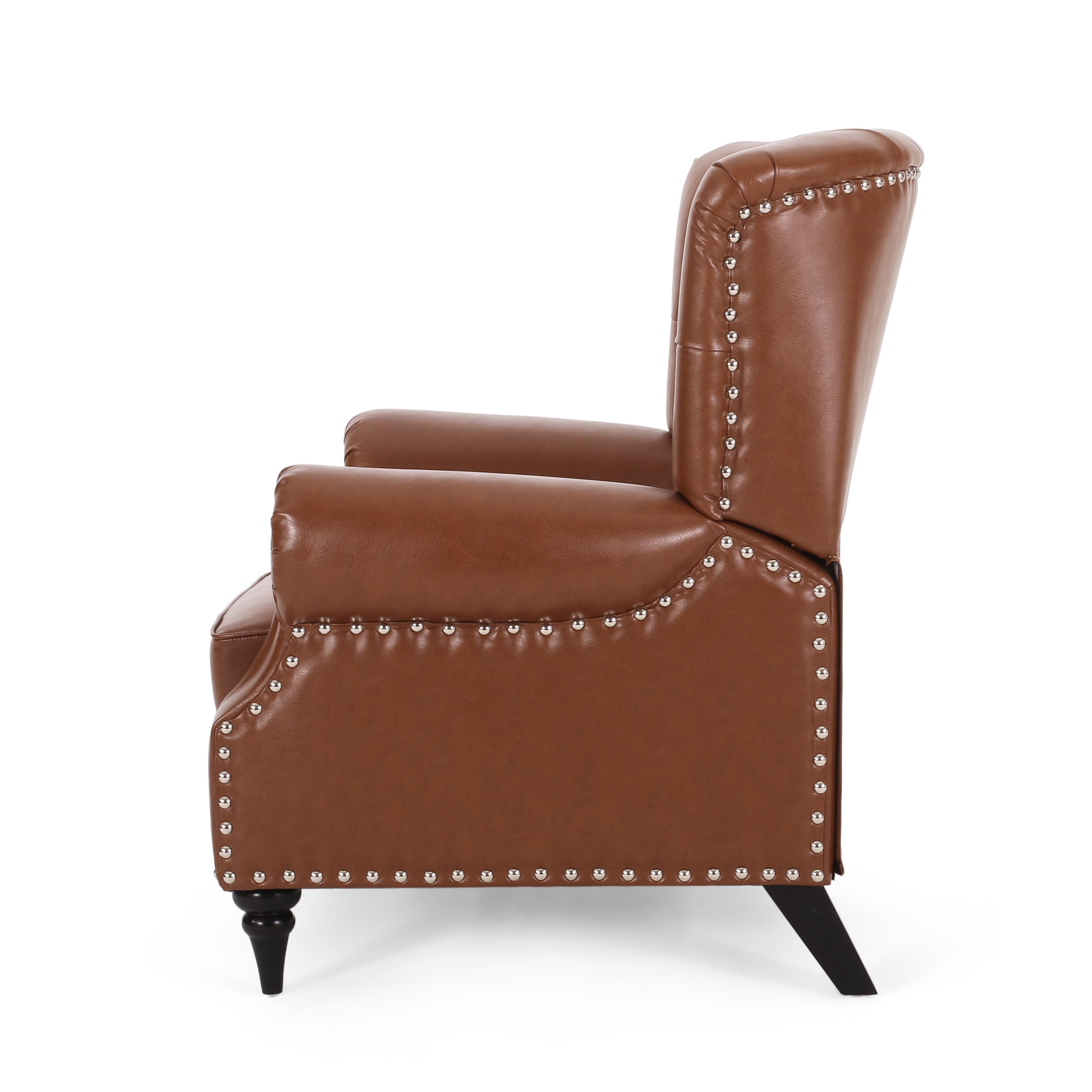Noble House Waldron Faux Leather Tufted Recliner with Nailhead Trim, Cognac Brown Faux Leather and Espresso