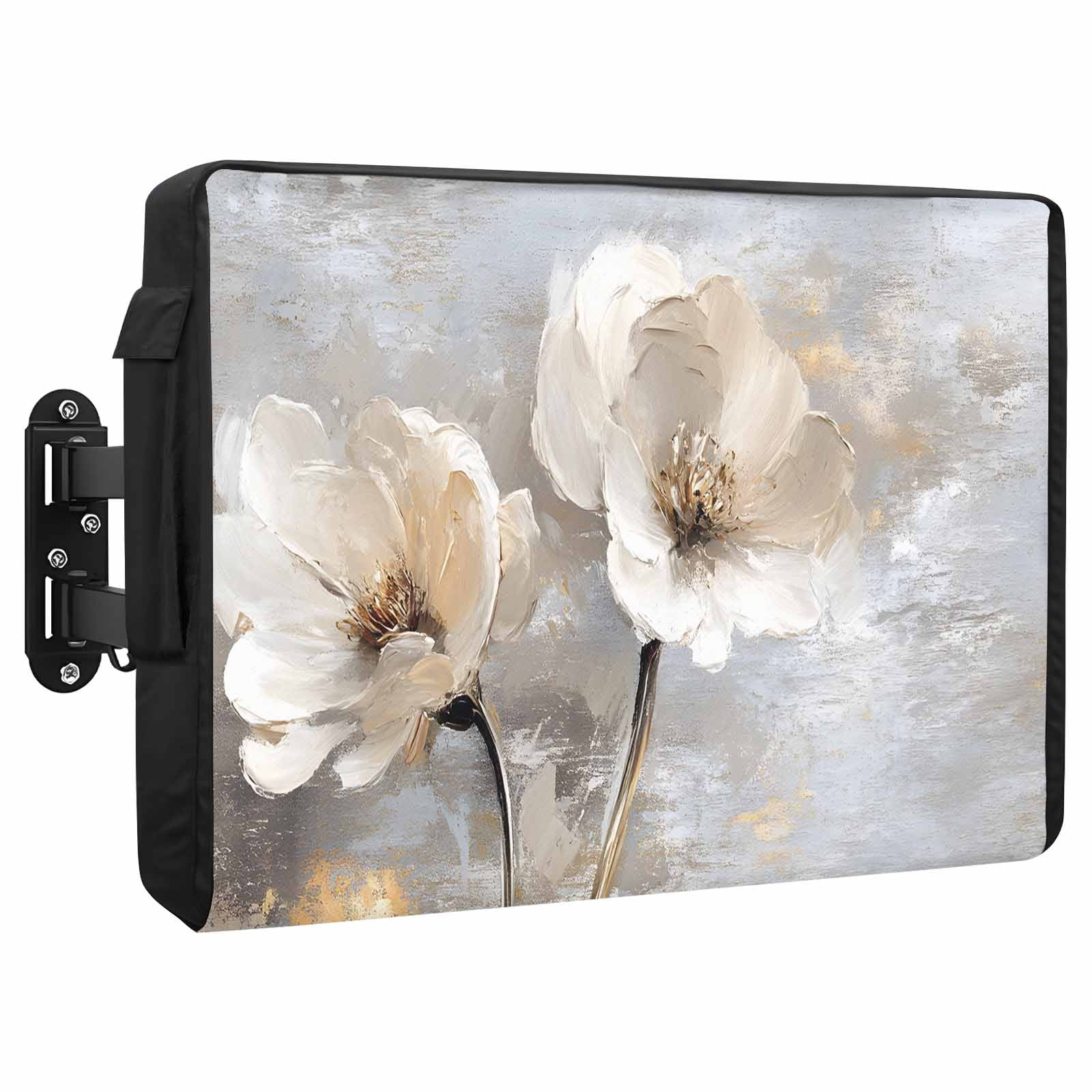 Magnolia Flower Outdoor TV Cover 80 to 85 Inch Flowers Oil Painting Abstract Retro Weatherproof and Waterproof TV Cover Heavy Duty Outside Flat TV Screen Protector with Remote Control Pocket
