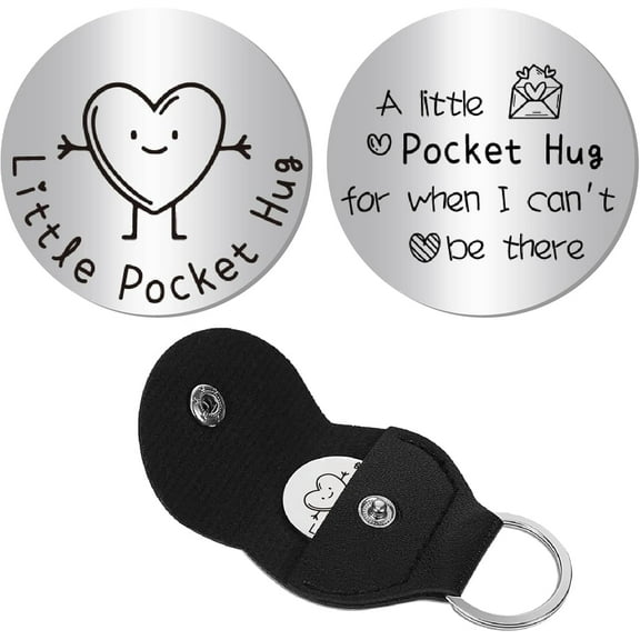 Little Pocket Hug Stainless Steel Pocket Hug Double-Sided Souvenir with PU Leather Keychain Silver
