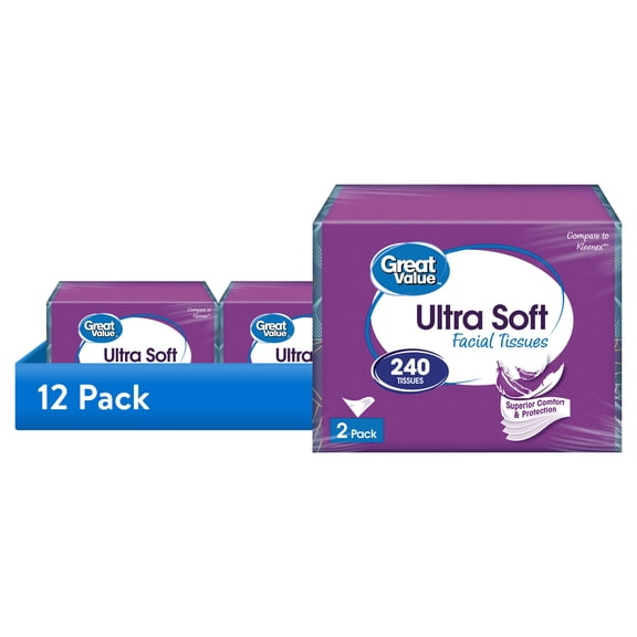 (12 pack) Great Value Ultra Soft Facial Tissues, 2 Flat Cartons, 120 Tissues per Flat, 3-Ply