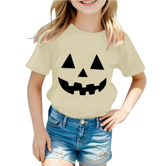 LIIPEE Girls Shirts Halloween Cartoon Pumpkin Printed Short Sleeve Round Neck Tshirt Top Toddler Stylish Daily Tee Shirts,Beige,1-2 Years