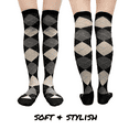 thumbnail image 4 of COUVER Women’s Thigh High Over Knee Fashion Argyle Socks, Black Ash Gray, Medium, 2 Pairs, 4 of 10
