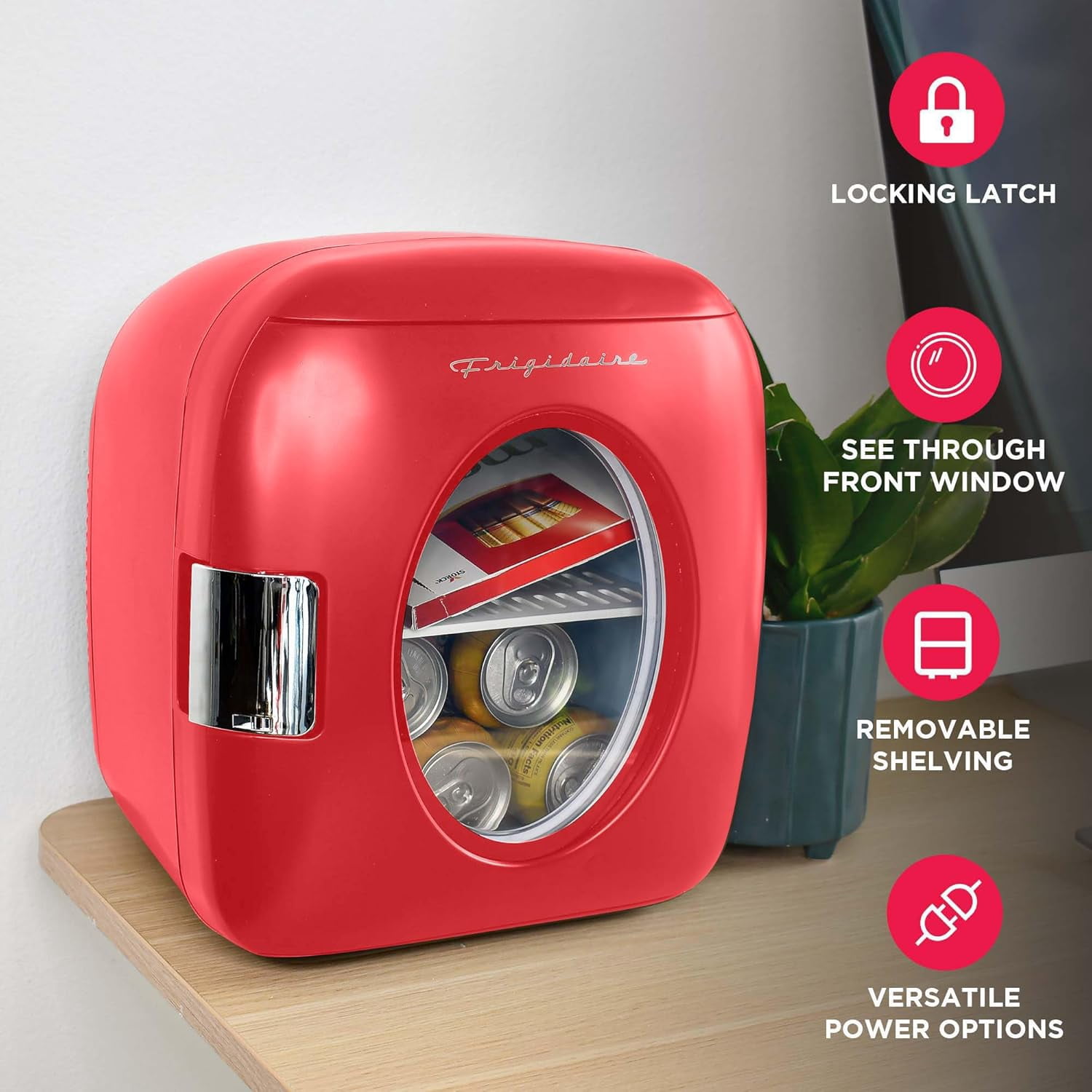 Retro   Cooler, Holds 9L or 12 Cans, Portable for Car Office Bedroom Dorm Room or Cabin Features Plugs for Home Outlet and 12V Car Charger - 10 Inch D x 7 Inch W x 10.5 Inch H Red