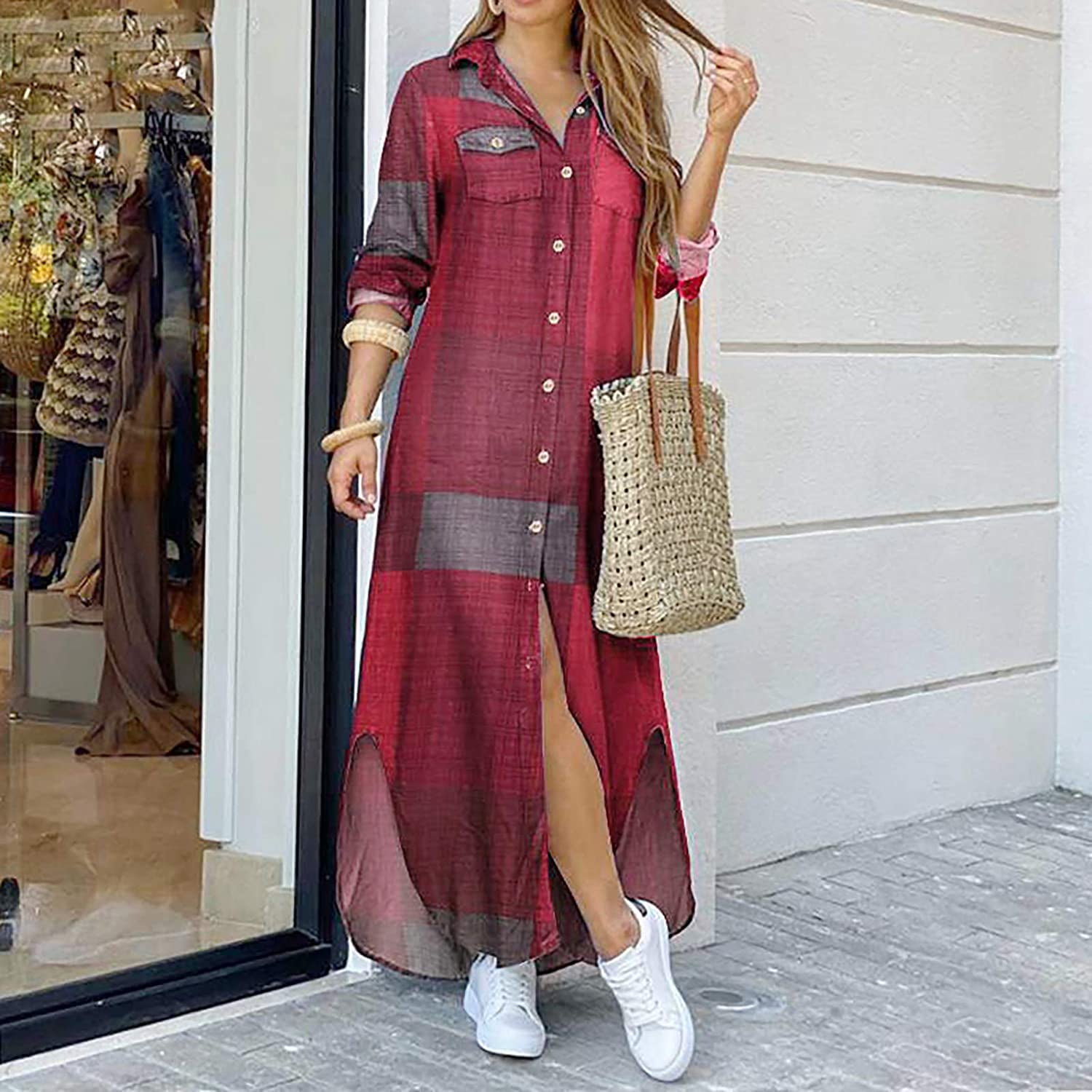 Robe Vintage pour Femmes, Robe Chemise Vintage à Carreaux avec