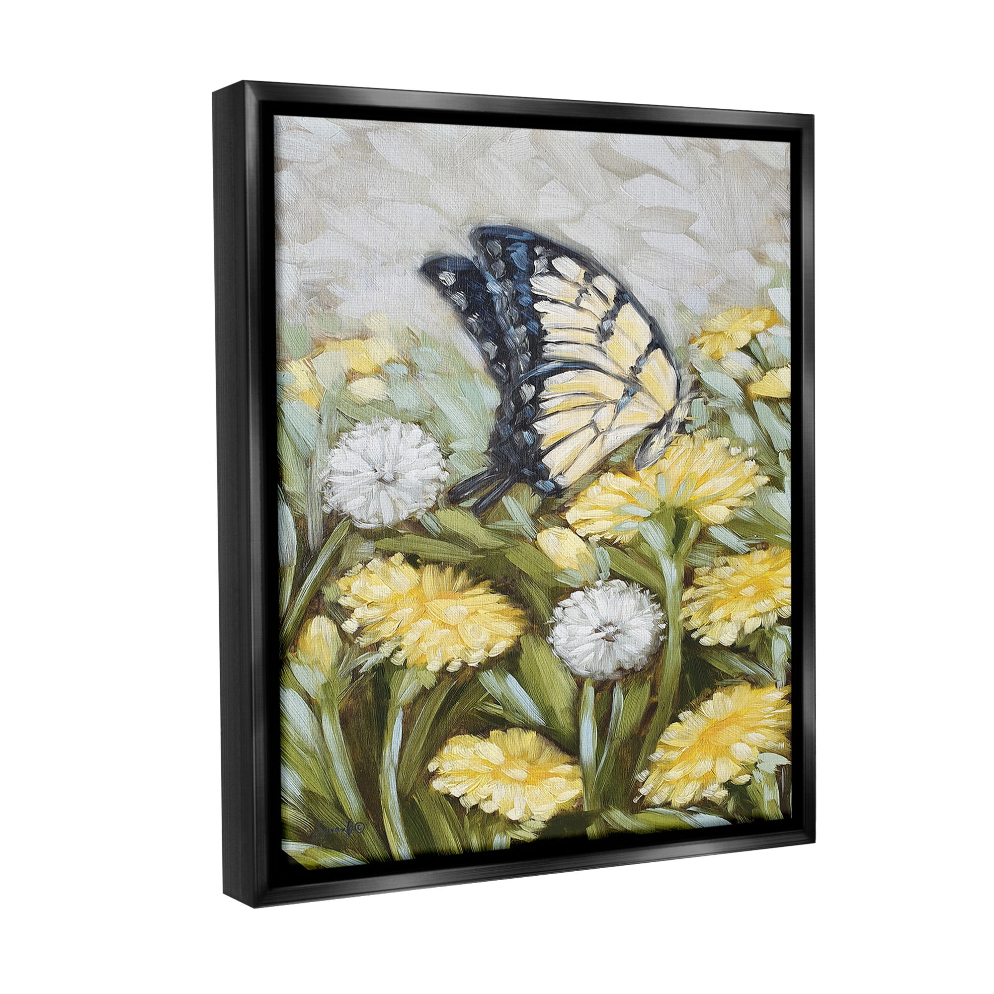 Stupell Industries Butterfly & Yellow Daisies Botanical & Floral Painting Black Floater Framed Canvas Art Print Wall Art, 17 x 21