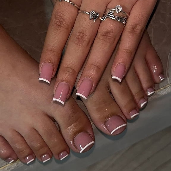 Yoyauz 48 Pieces Of Long Coffin Nail And Toe Press Kit, With French Fake Nail Press Patch Rhinestones, Square Almond Shaped Toenails, Summer Short Women'S Fake Toenails