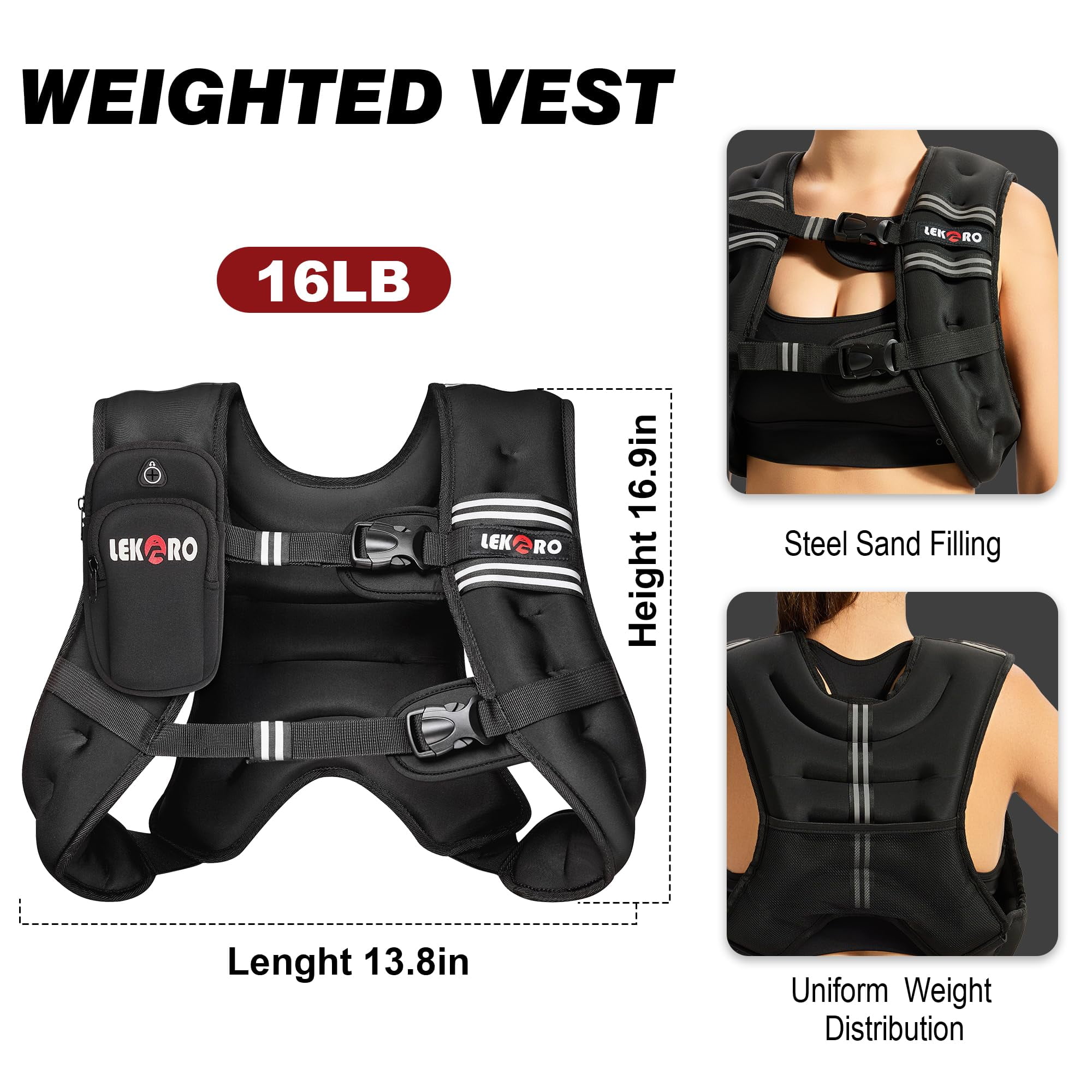 Weighted Vest for Men Women,  6LB 8LB 12LB 16LB 20LB 25LB 30LB Weights Vest with Adjustable Buckles & Reflective Stripes | Weight Vest for Walking Running Hiking Workout Gym training