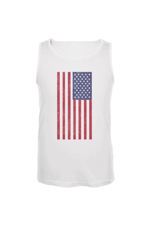 4th of July American Flag Distressed DTG White Adult Tank Top - Small