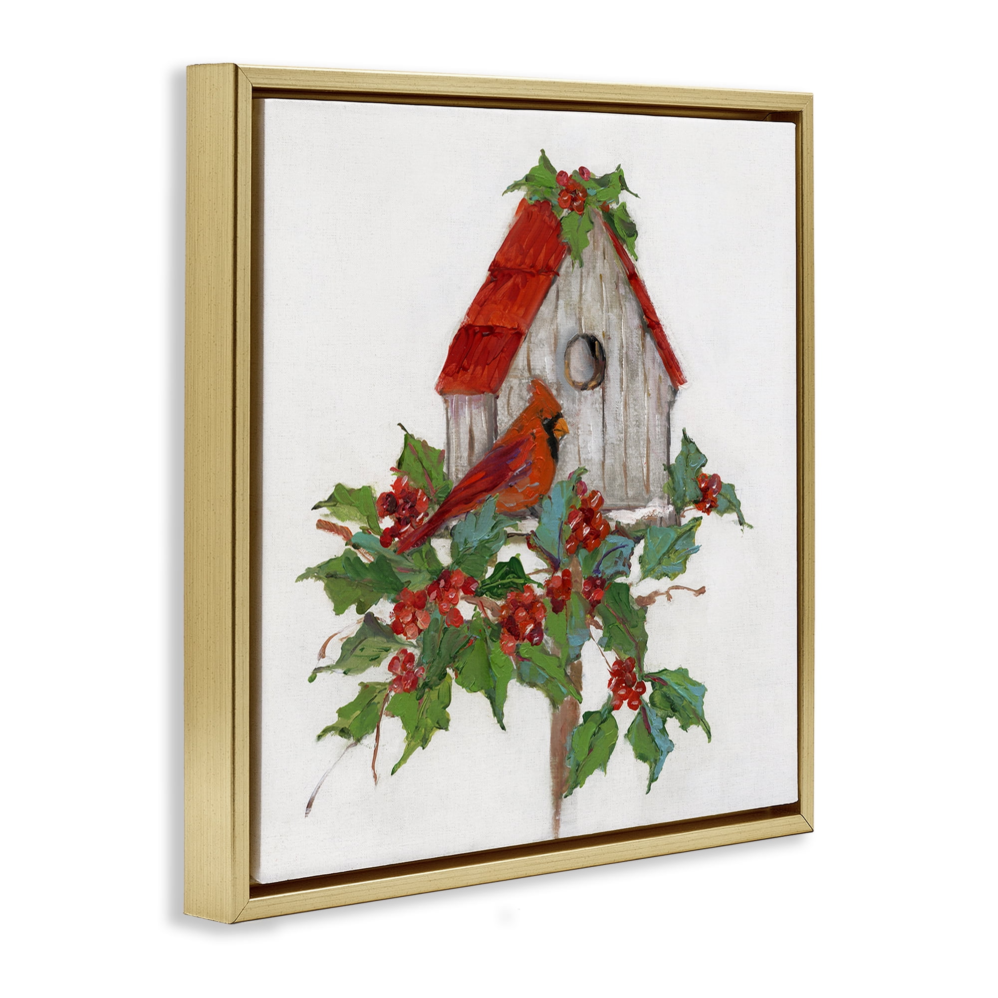 Stupell Industries Winter Plants & Birdhouse Holiday Painting Gold Floater Framed Canvas Art Prints Wall Art, 18 x 18