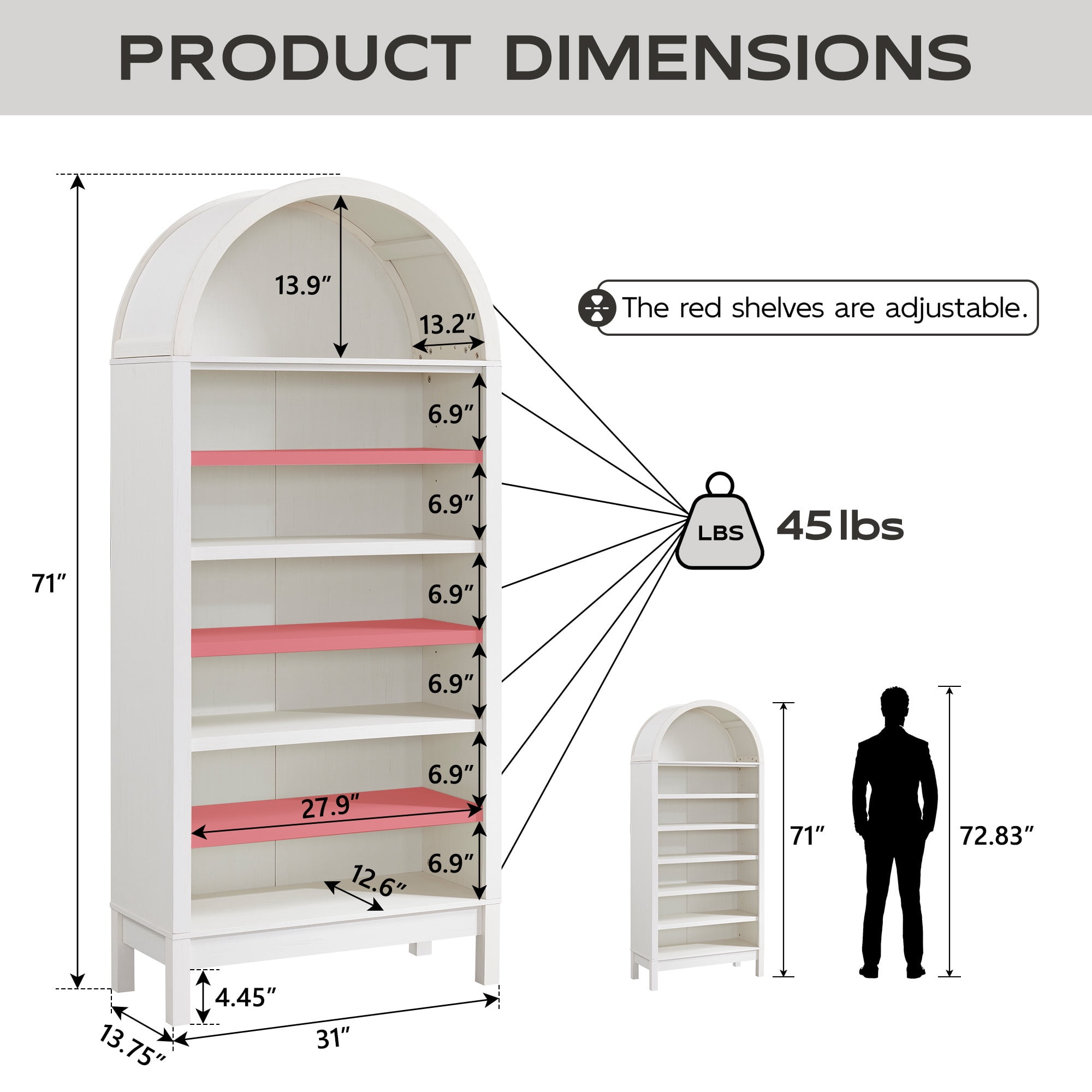 SinCiDo Tall Arched Bookshelf, 7-Tier Open Shelf Bookcase, Medium Density Fiberboard