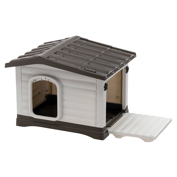 Ferplast Dog Villa Indoor and Outdoor Dog House for Toy Dog Breeds, Measures 18.90L x 16.93W x 17.25H Inches, Ventilated with Patented Fold-Out Porch, Cream with Dark Brown Bottom, Part # 87252599US1