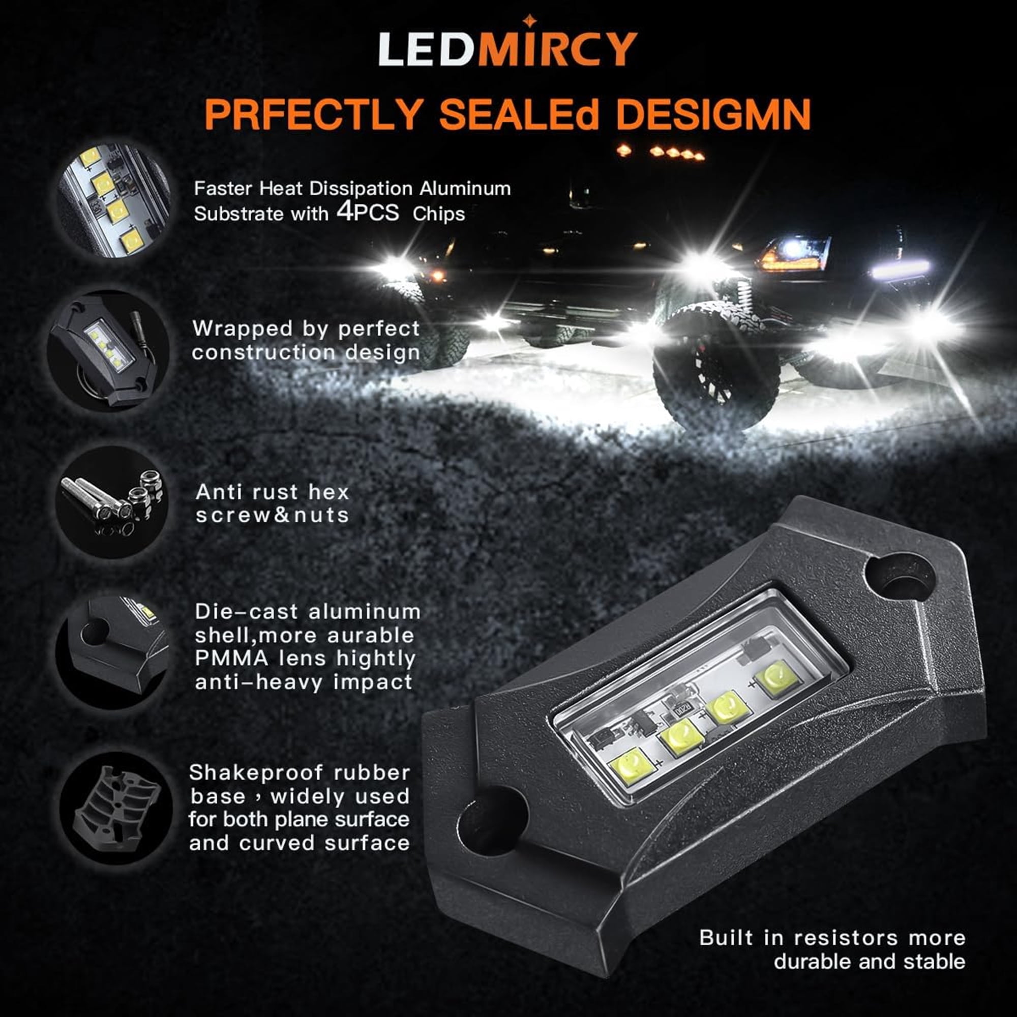 LEDMIRCY R3 Pure White Rock Light Kit with Rocker Switch Wire Harness 12PCS for off road Trucks Atv Utv Suv Under Body