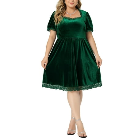 Agnes Orinda Women s Plus Size Dress Elastic Waist Lace Trim Babydoll Flare Party Velvet Dress 1X Green