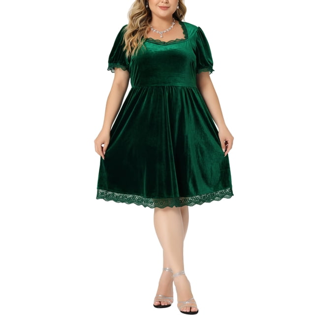 Agnes Orinda Robe Ligne A en Velours avec Dentelle pour Femmes Grande Taille Babydoll d'Halloween Fête 1X Vert
