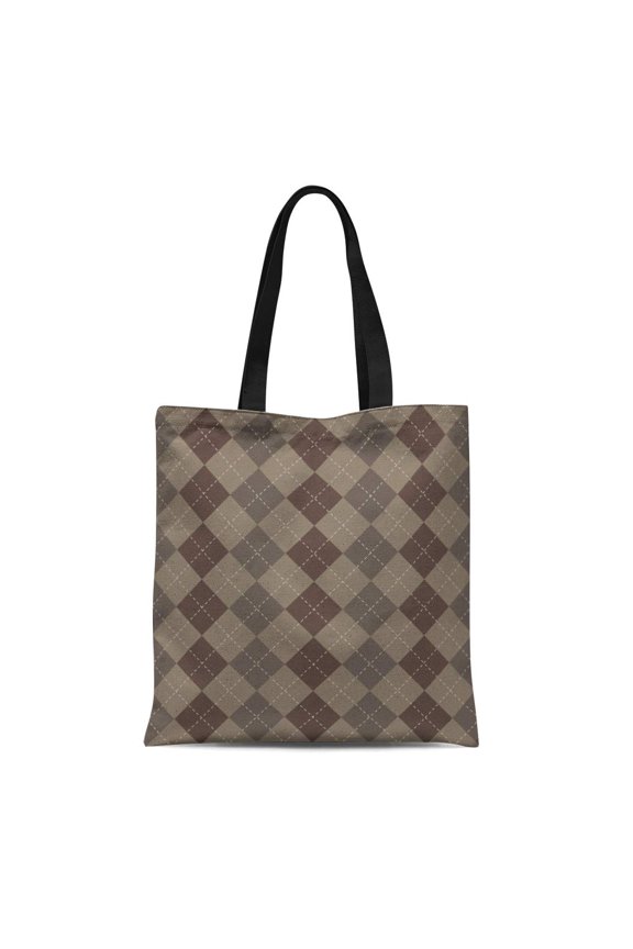 Canvas Tote Bag Beige Pattern Argyle Brown Check Cross Dashed Diamond Geometric Durable Reusable Shopping Shoulder Grocery Bag